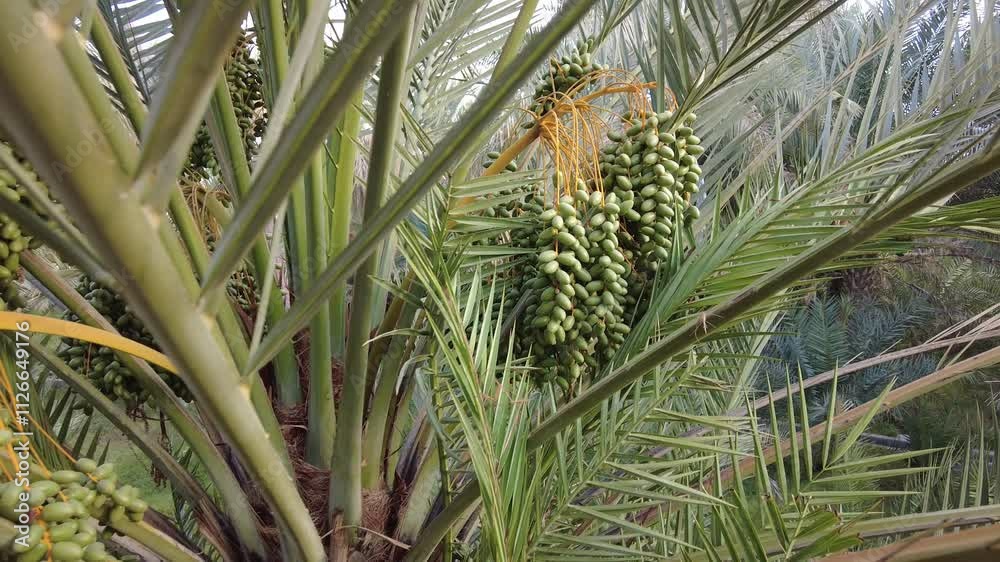 Date palm trees with fruits in the oasis in Al Ain, closeup orbit shot Date palm trees with fruits in the oasis in Al Ain, closeup orbit shot