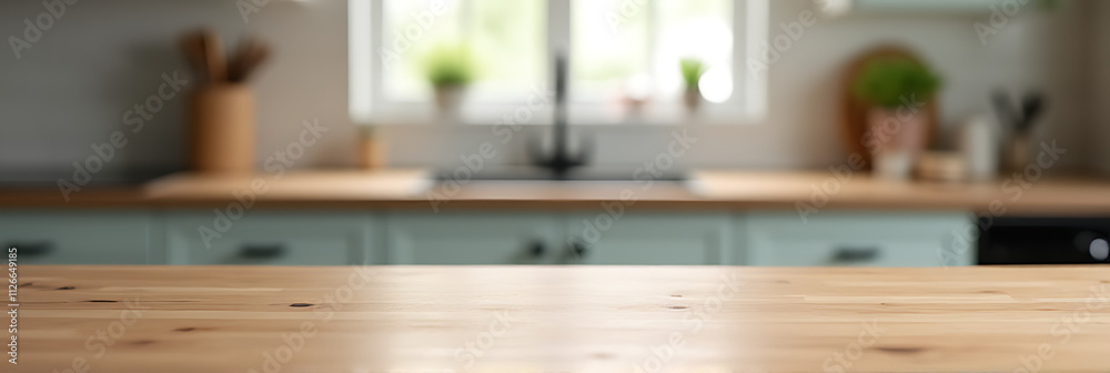 A wood table top is positioned somewhat obscuring part of a blurred kitchen background with surrounding countertop visible._00001_ A wood table top is positioned somewhat obscuring part of a blurred kitchen background with surrounding countertop visible._00001_