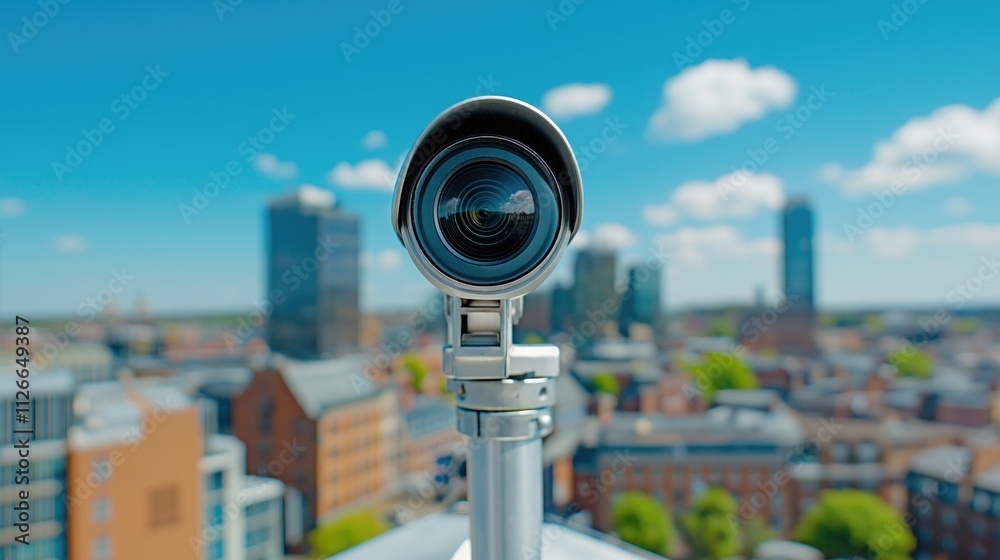 Fototapeta premium Rooftop Security Camera Focused on Urban Landscape