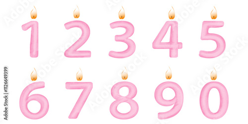 Numbers with candle. Cute vector illustrations in watercolor style.