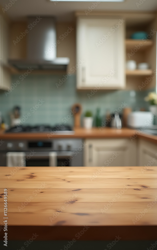 A wooden table is centered in a blurry kitchen scene with various appliances visible behind it._00002_
