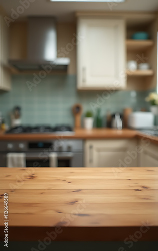 A wooden table is centered in a blurry kitchen scene with various appliances visible behind it._00002_