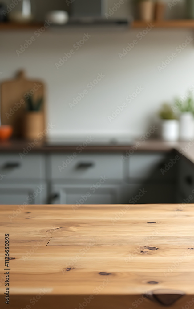 A wooden tabletop is partially obscured by a blurred image of a kitchen counter in the background._00001_