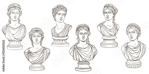 Set of busts of Antique Grecian women's sculptures. Ancient greek Goddesses, Muses, Nymphs. Isolated line vector illustration.
