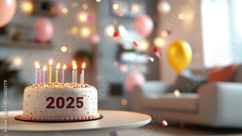 A festive cake with candles and the year 2025, set in a cheerful living room.