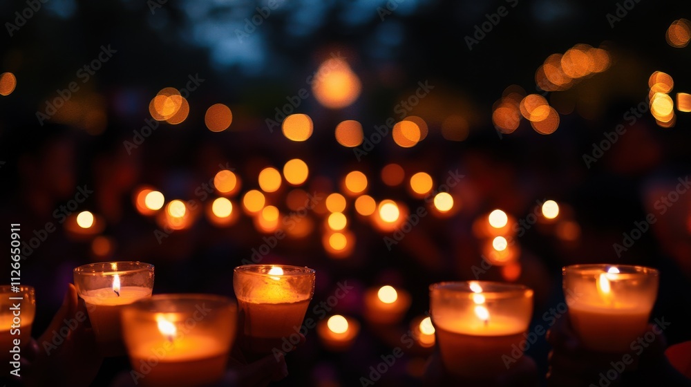 Many hands hold lit candles at night vigil. Many hands hold lit candles at night vigil.