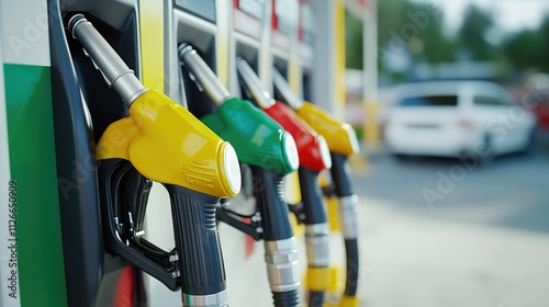 Fuel Pump Nozzles Reflecting Gas Station Lights