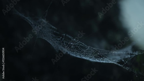 Extreme close up shot of a wet spider web hanging in between trees in the forest during a dark rainy day