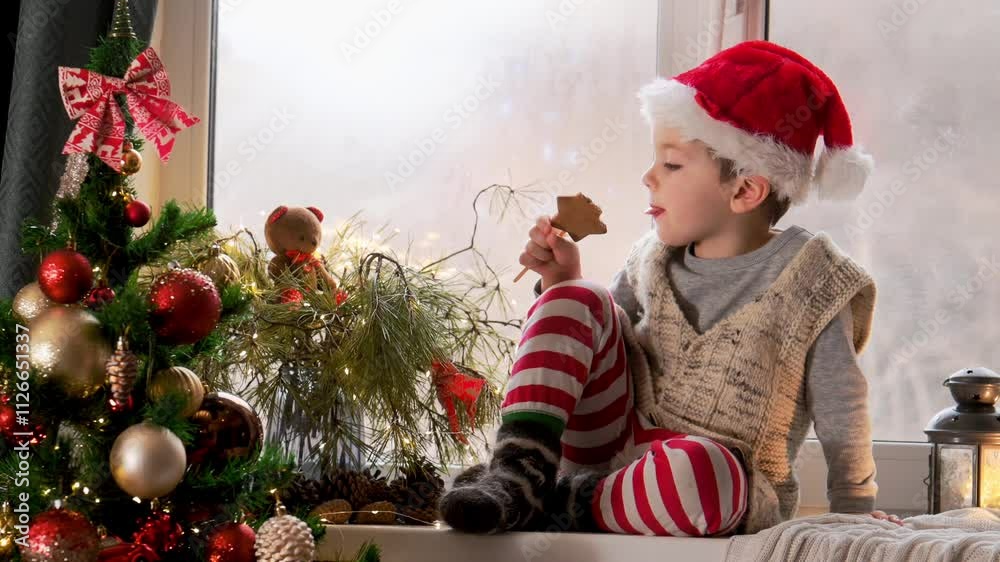 boy 3-4 years old in stripped pajamas and Santa Claus hat plays toy train on window sill near decorated New Year tree with lanterns and gingerbread house. Christmas symbols, boy eat gingerbread