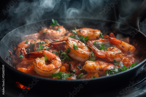 Delicious aromatic hot fried shrimp in a frying pan. Stewed shrimp. Seafood, asian food. Homemade food. Restaurant menu, delivery. photo