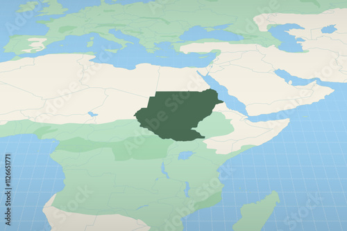 Sudan highlighted on a detailed map, geographic location of Sudan.