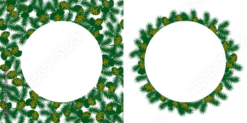 Winter frame templates. Christmas wreath decorated with golden pine cones.  Vector illustration