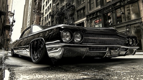 Lowrider classic car parked on city street.