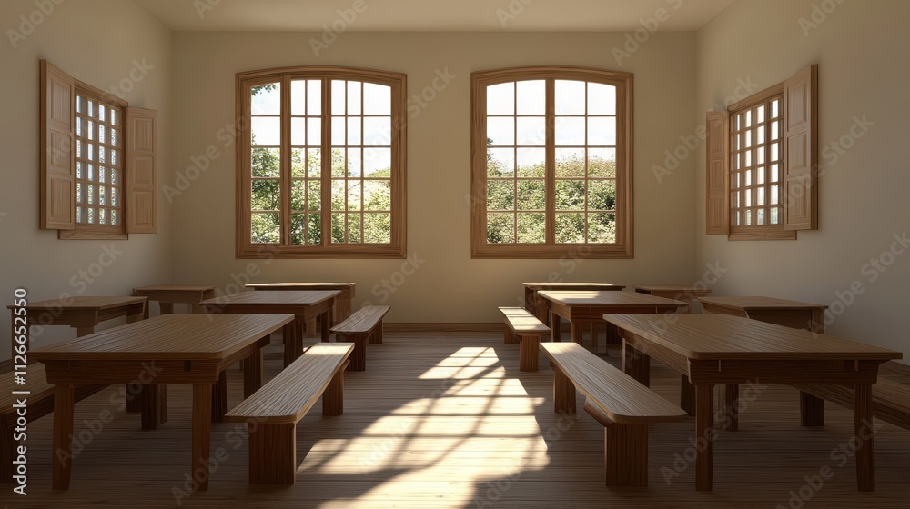 A bright, minimalist classroom with wooden tables and benches, surrounded by large windows. A bright, minimalist classroom with wooden tables and benches, surrounded by large windows.