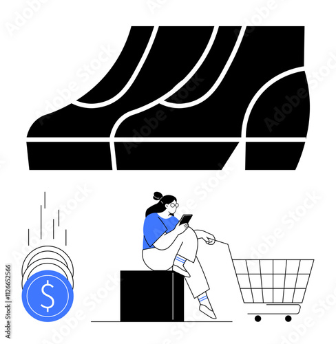 Woman in blue shirt shopping online on a tablet beside an empty shopping cart, with dollar coins falling and abstract leg shapes. Ideal for retail, e-commerce, online shopping, consumer spending