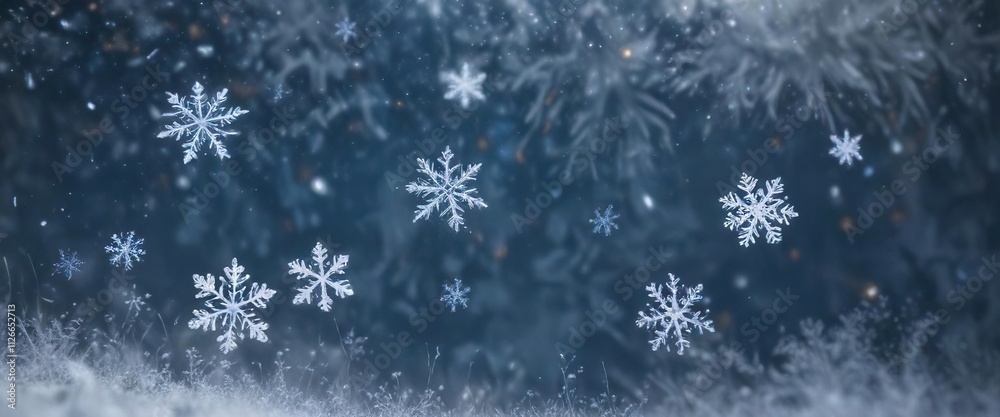 Blue and white snowflakes floating in air, forming a frosty mist , blue, white, frozen landscape Blue and white snowflakes floating in air, forming a frosty mist , blue, white, frozen landscape