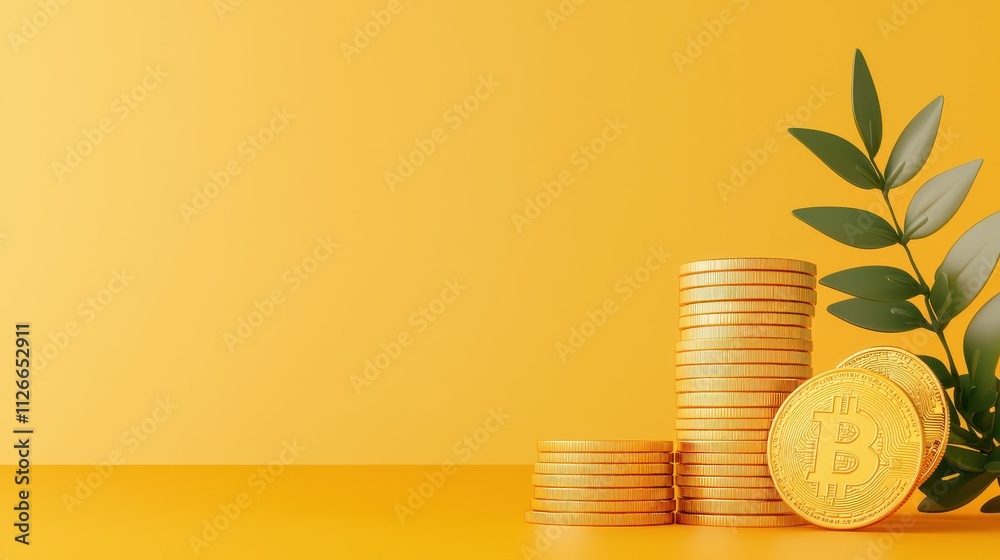 Golden coins stacked with a green leaf on a vibrant yellow background. Golden coins stacked with a green leaf on a vibrant yellow background.