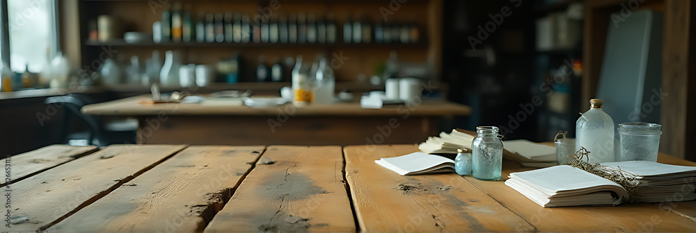 Fototapeta premium Clear clutter from a worn wooden table with a faintly visible counter and scattered empty bottles in the background._00002_