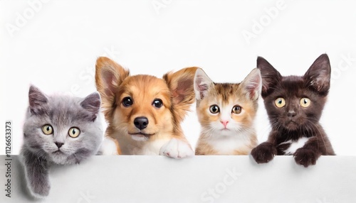 Adorable Cats and Dogs Peeking Over a White Edge â€“ Cute Pets Banner for Animal Lovers â€“ Perfect for Pet-Themed Websites and Promotions Featuring Playful Felines and Canines