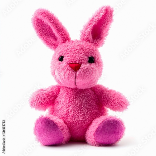 Cute pink bunny plush toy isolated on white background.