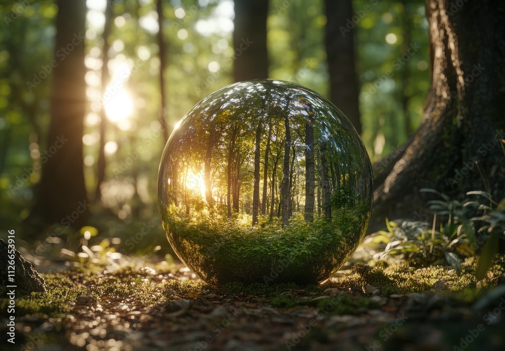 Captivating Reflection of Trees and Light in a Glass Sphere Placed in a Serene Forest During Golden Hour, Highlighting Nature's Beauty and Tranquility Captivating Reflection of Trees and Light in a Glass Sphere Placed in a Serene Forest During Golden Hour, Highlighting Nature's Beauty and Tranquility