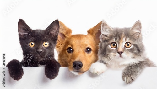 Adorable Cats and Dogs Peeking Over a White Edge Cute Pets Web Banner Featuring Playful Felines and Canines on a Clean White Background