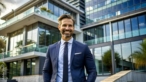 Wallpaper Mural Businessman or realtor walking forward and smiling in front of an office building. A portrayal of professionalism and success. Torontodigital.ca