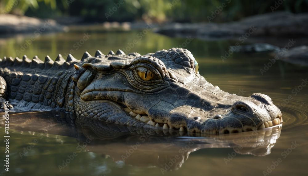 Fototapeta premium Crocodile in a river displaying its textured skin and keen eyes in a natural habitat