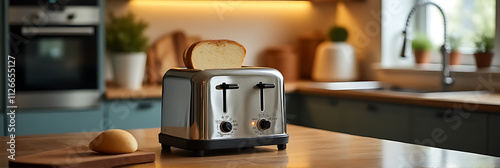 Cooking bread in a toaster on the kitchen counter bar on a typical morning._00002_