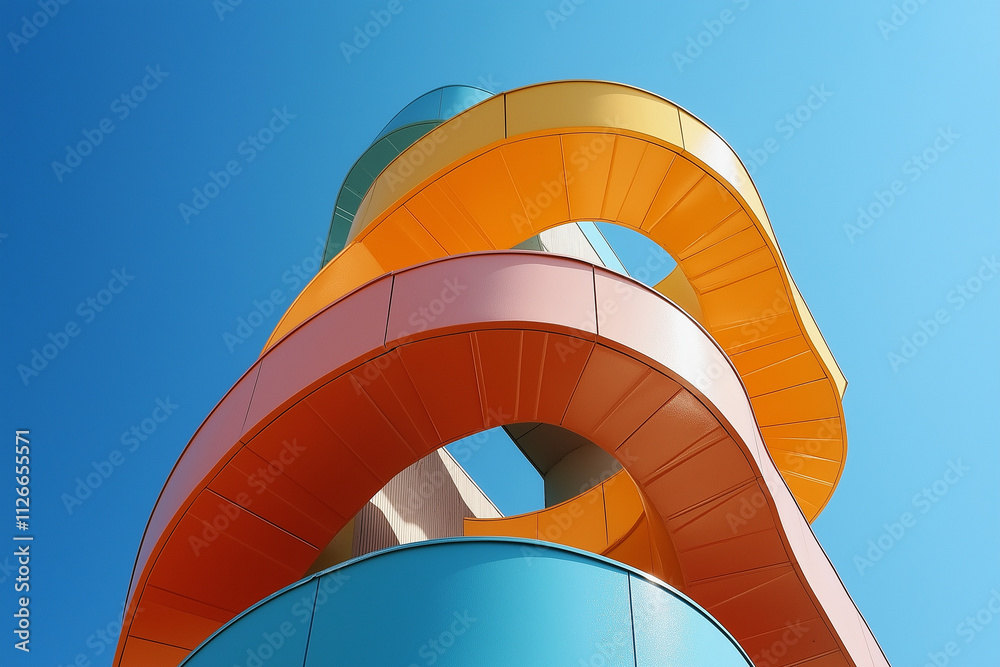 Obraz premium A colorful building with a blue top and orange and pink sides
