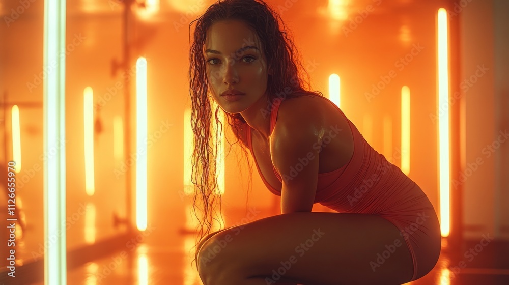 A model poses in a bold orange outfit, surrounded by illuminated vertical light bars, highlighting her athletic physique in a dynamic fitness studio atmosphere. A model poses in a bold orange outfit, surrounded by illuminated vertical light bars, highlighting her athletic physique in a dynamic fitness studio atmosphere.