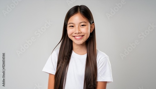 Cheerful Asian Teen with Long Hair in White TShirt Poses in Front of a Plain White Studio Background, Radiating Joy and Positivity, Capturing the Essence of Youthful Energy and Style