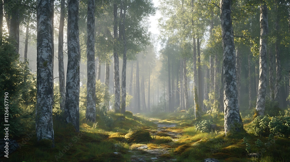 A serene forest path illuminated by soft sunlight, surrounded by lush greenery and trees. A serene forest path illuminated by soft sunlight, surrounded by lush greenery and trees.