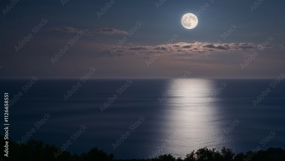 A full moon casts its ethereal glow over a tranquil lake surrounded by a misty forest A full moon casts its ethereal glow over a tranquil lake surrounded by a misty forest