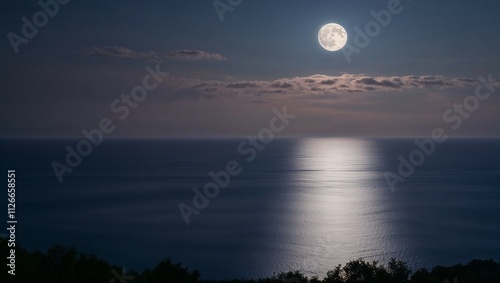 A full moon casts its ethereal glow over a tranquil lake surrounded by a misty forest