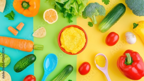 Flat lay of vibrant fresh vegetables, colorful baby puree, and kitchen utensils on a bright, cheerful background photo