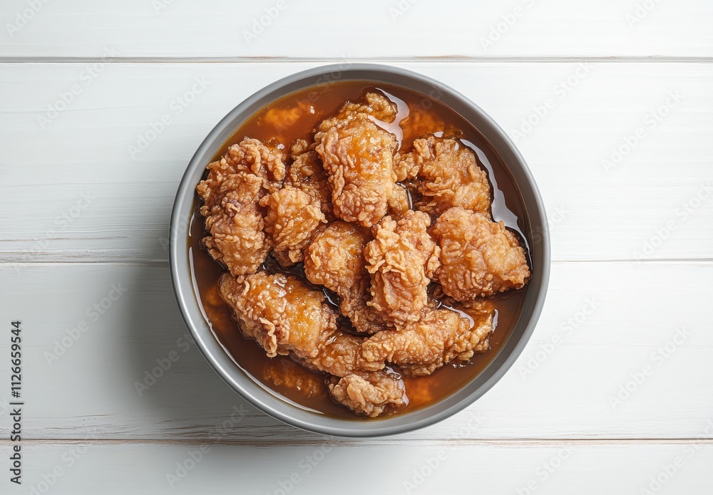 Crispy fried chicken pieces in flavorful sauce served in a round bowl on a rustic white wooden table, perfect for a delicious meal or food photography shoot Crispy fried chicken pieces in flavorful sauce served in a round bowl on a rustic white wooden table, perfect for a delicious meal or food photography shoot