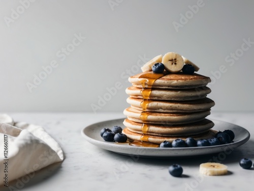 Delicious Stack of Vegan Protein Pancakes with Banana and Blueberry. photo