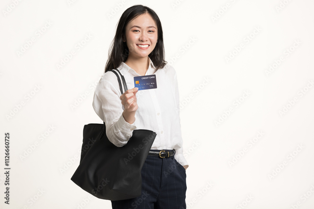 Asian business woman hand holding credit card and smartphone for paying shopping online isolated and white background.Beautiful girl excited and happiness shopping online on cellphone with credit card Asian business woman hand holding credit card and smartphone for paying shopping online isolated and white background.Beautiful girl excited and happiness shopping online on cellphone with credit card