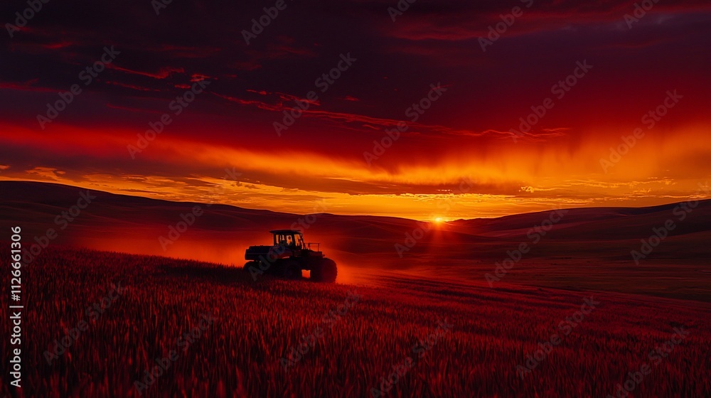 Tractor working in field at sunset. Tractor working in field at sunset.