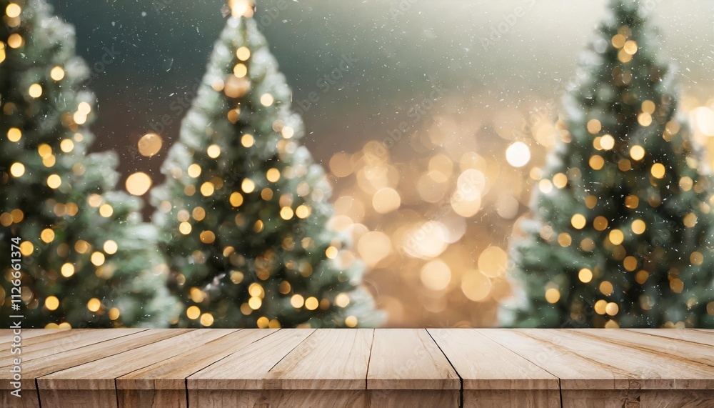 Festive Christmas Card Design Featuring a Rustic Wood Tabletop with Blurred Christmas Trees Adorned with Twinkling Lights and Ample Copy Space for Personalized Messages Festive Christmas Card Design Featuring a Rustic Wood Tabletop with Blurred Christmas Trees Adorned with Twinkling Lights and Ample Copy Space for Personalized Messages
