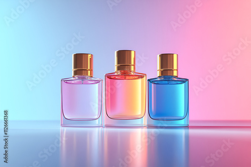 Row of Distinct Perfume Bottles: Light Yellow Liquid in Diverse Shapes and Colors, Set Against a Simple White Background