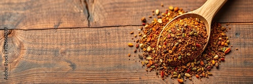 Colorful berbere spice blend on a wooden surface, aromatic spices, red spice mix photo