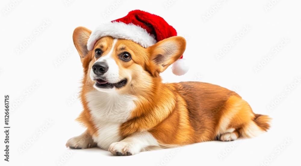 Cute Pembroke Welsh Corgi in Santa Claus red hat on white background. Cute Pembroke Welsh Corgi in Santa Claus red hat on white background.