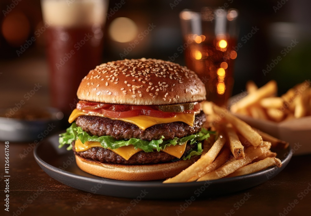Delicious Cheeseburger with Fresh Lettuce, Tomato, and Soft Sesame Bun Accompanied by Crispy French Fries and Refreshing Beverages on a Wooden Table