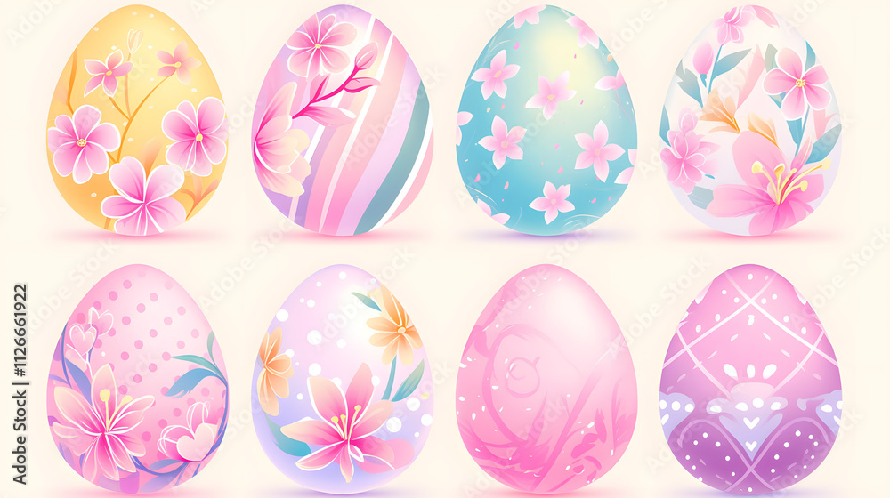 Colorful Easter eggs with vibrant patterns in pastel shades, flat design Colorful Easter eggs with vibrant patterns in pastel shades, flat design