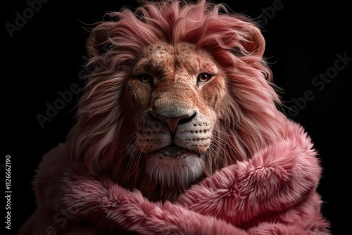 Portrait of Majestic Lion with Luxurious Pink Mane Wrapped in Soft Fur, Expressing Power and Elegance Against Dark Background  lion