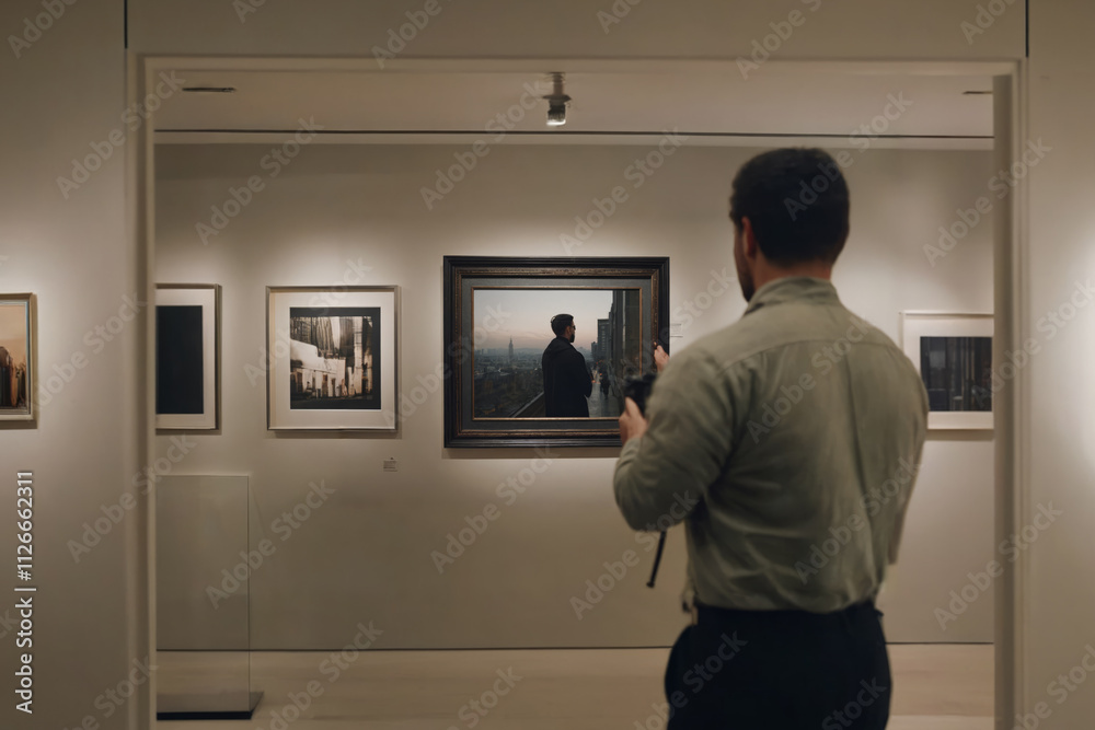 A man stands in an empty art gallery late at night. A man stands in an empty art gallery late at night.