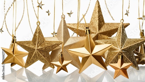 Elegant Gold Stars Christmas Decorations on White Transparent Background - Perfect for Holiday Festivities, Scrapbooking, and Creative Projects to Celebrate the Joy of the Season photo