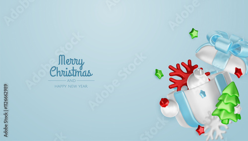 Happy New Year and Merry Christmas. Christmas holiday background with realistic 3d objects, bauble balls, conical metal stars. Levitation falling design composition.